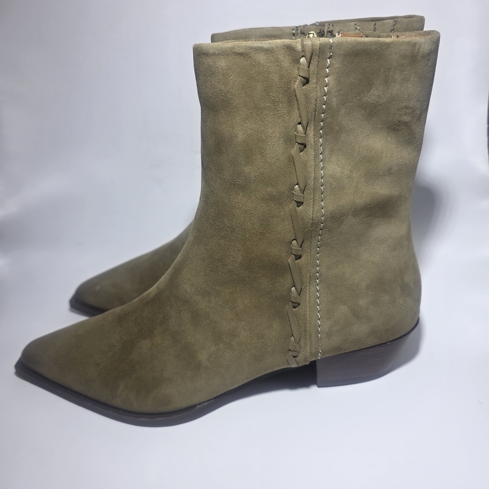 Lucky Brand Women’s Suede Ankle Boots Whipstitch Side Zip Olive Tan Size 9.5 New